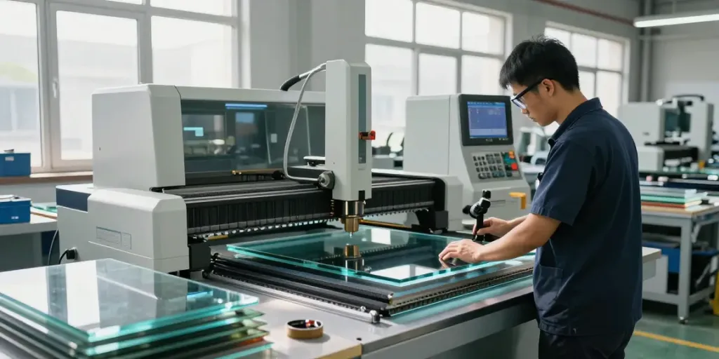 Skilled technician at glass machine suppliers' facility cutting glass with precision.