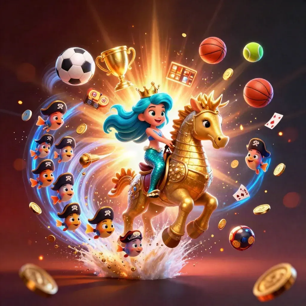 Mermaid princess on armoured seahorse amid casino lights, balls, coins, and treasure glow.