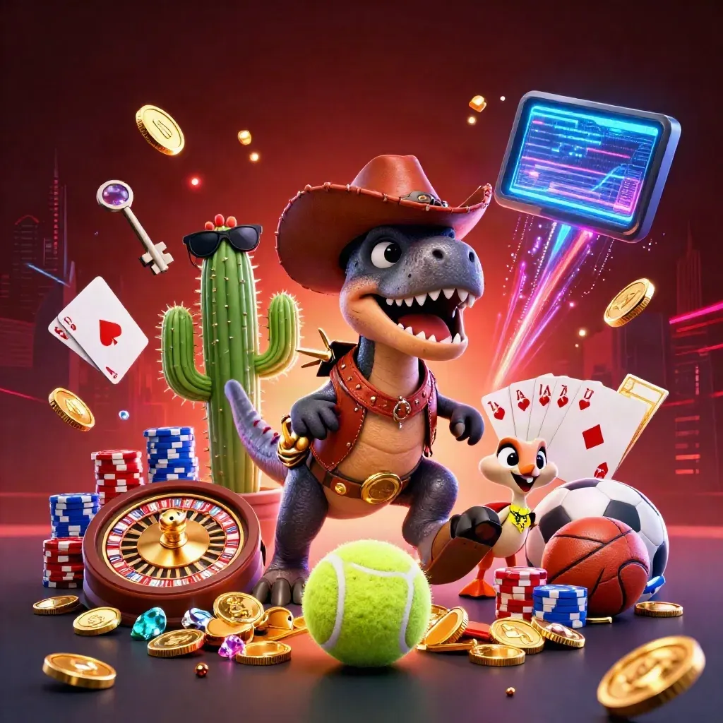 Cowboy T-Rex, cactus, and roadrunner burst through coins, chips, and neon sports props.