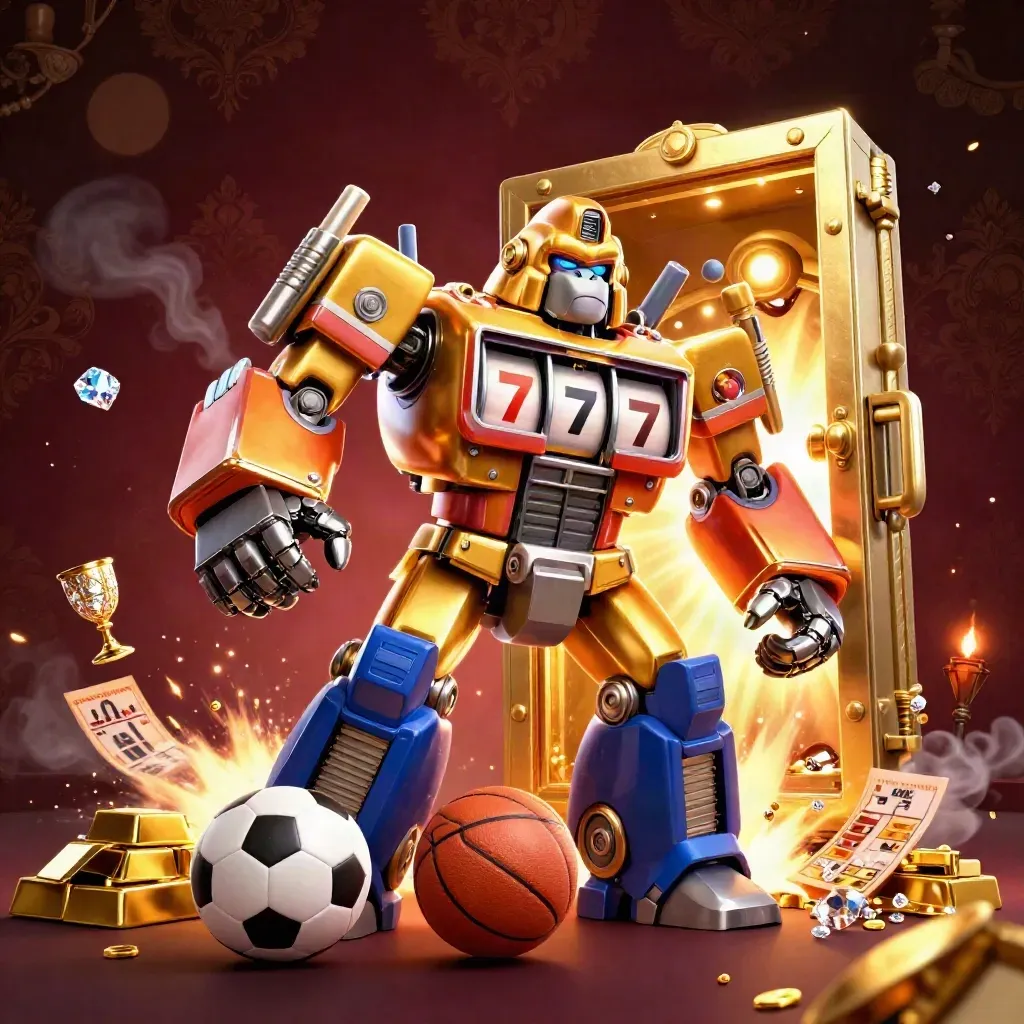 Golden gorilla mech with slot reels, treasure blast, soccer ball and basketball mid-air