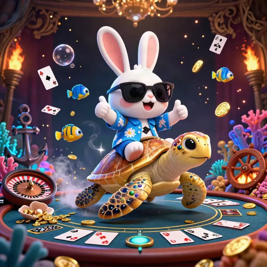 Lucky rabbit rides a golden turtle through a jewel-lit underwater casino treasure cove.