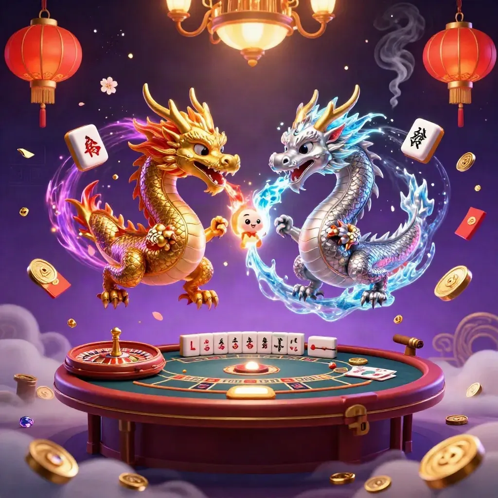 Twin dragons in a neon casino swirl over lanterns, coins, and magical purple light