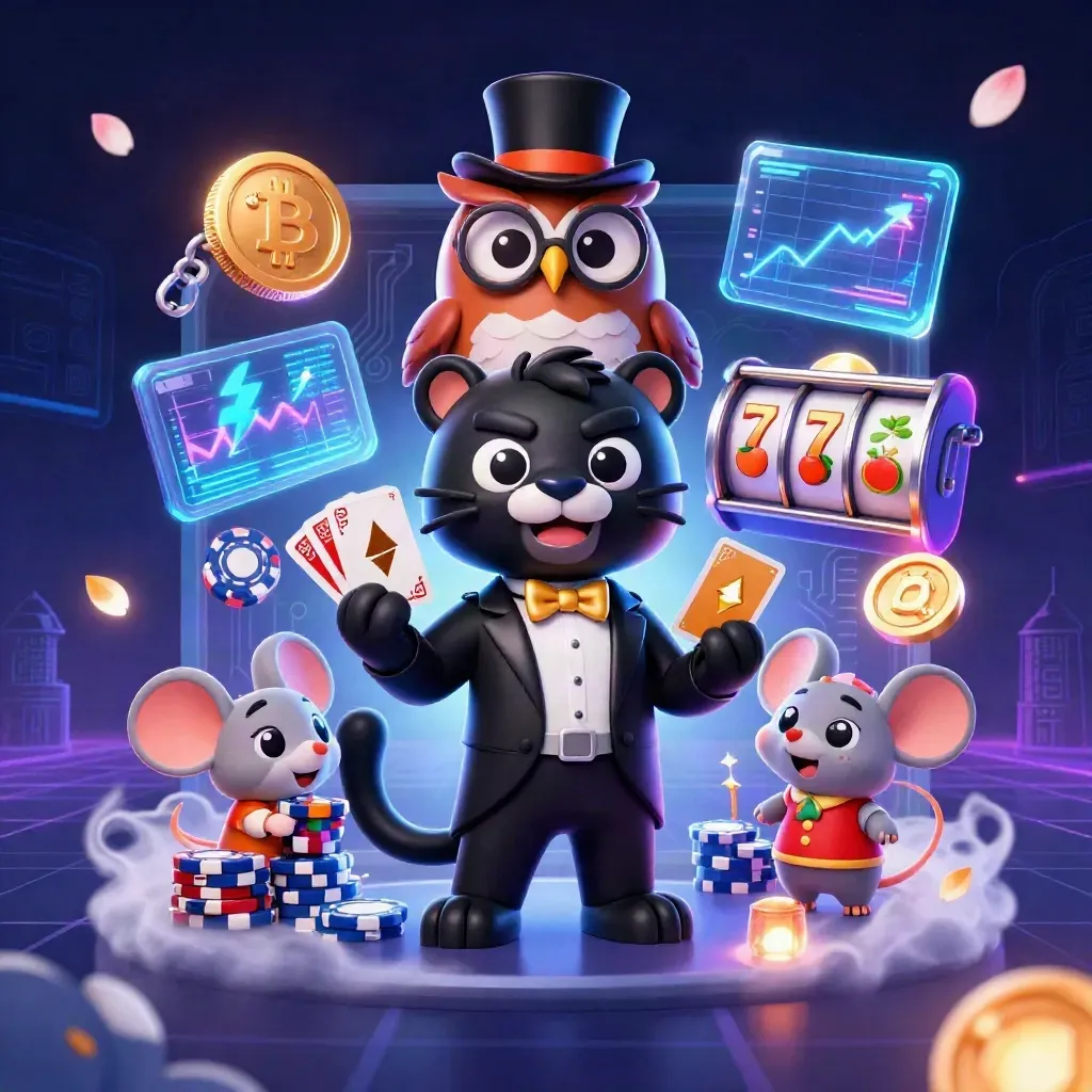 Panther, owl, and mouse amid neon coins, reels, and electric casino effects.